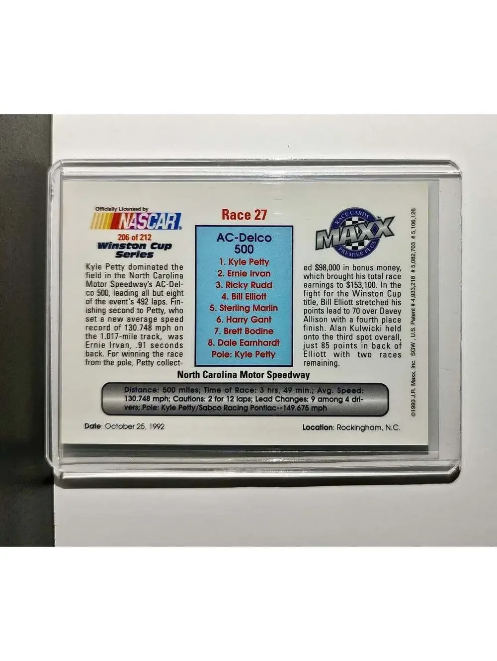 Race 27 Rockingham YR 1993 Maxx Premier Plus Racing #206 NASCAR SABCO Racing